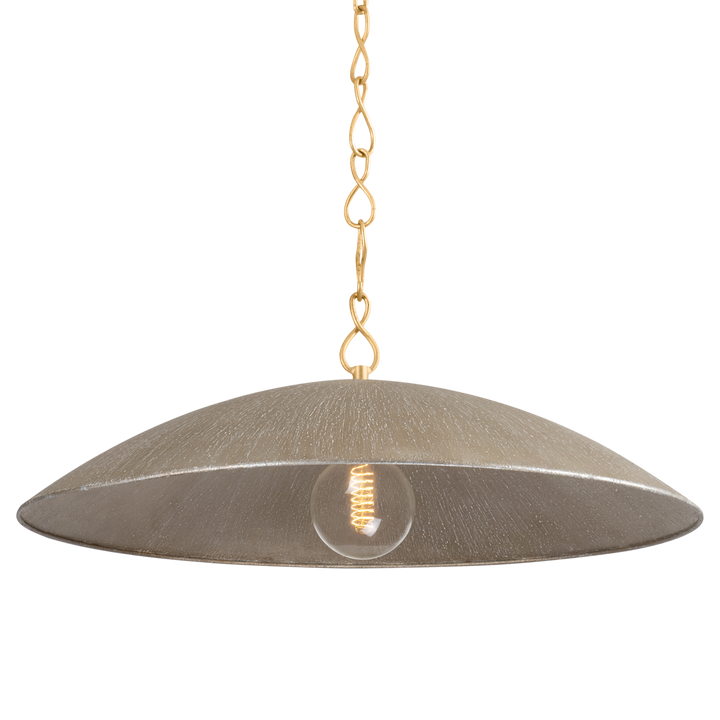 Textured metal dome pendant light with chain suspension and exposed filament bulb, isolated on transparent background