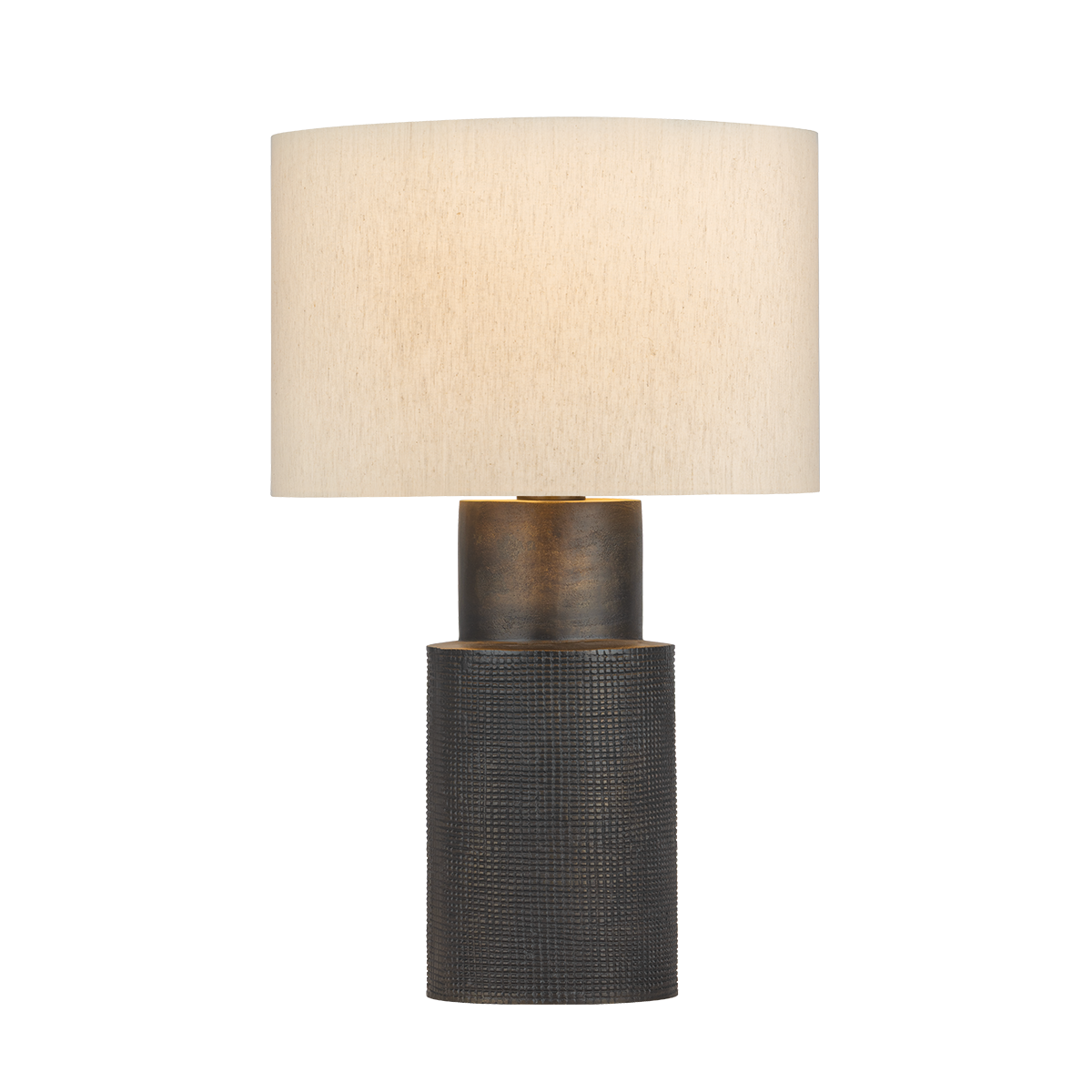 Table lamp with textured black base and beige lampshade on a white background