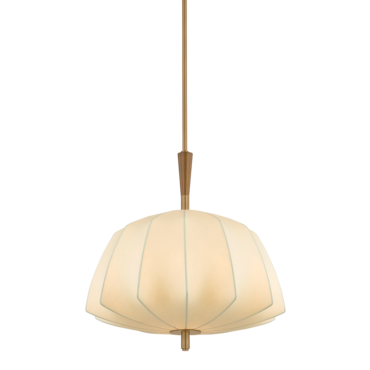 Pendant light with a beige lampshade on a white background