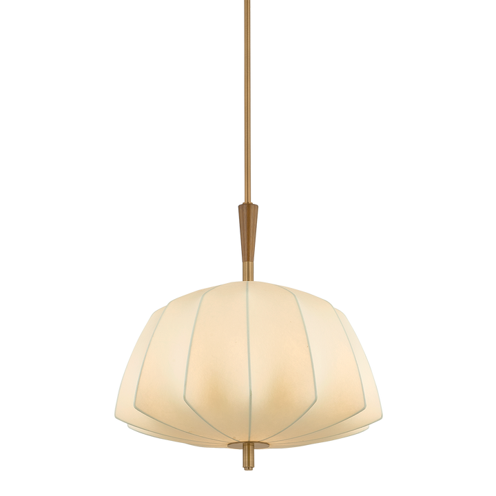 Pendant light with a beige lampshade on a white background