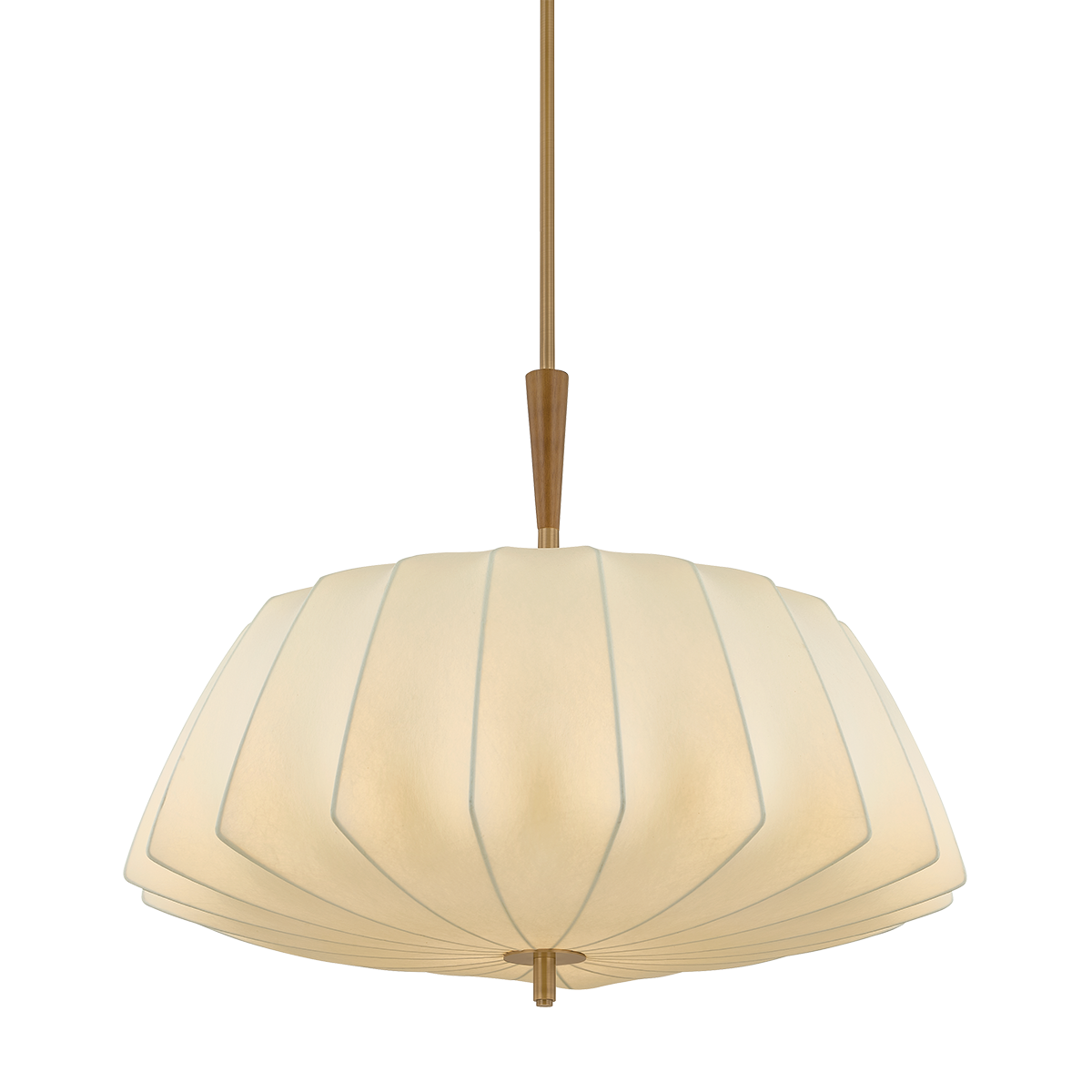 Pendant light with cream-colored lampshade and brass accents on a white background