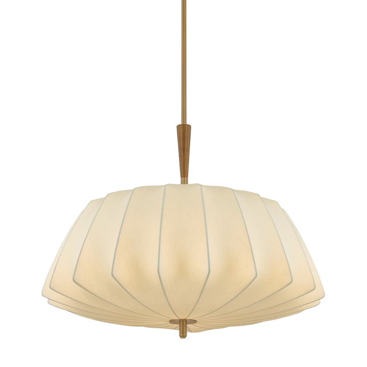 Pendant light with cream-colored lampshade and brass accents on a white background