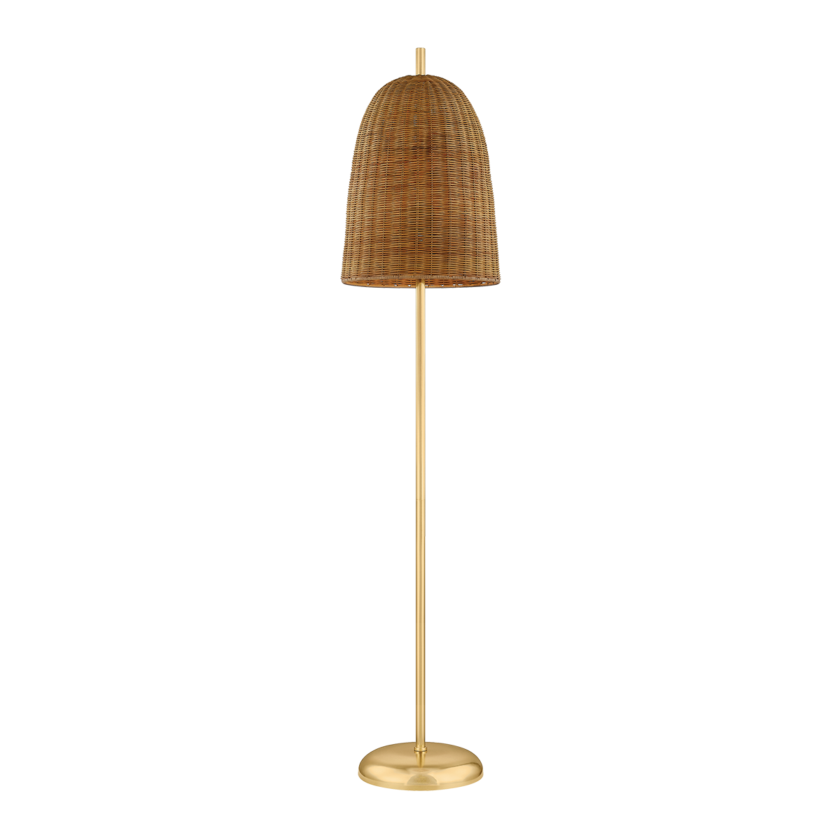 Beatrice floor lamp with a slim, beige wicker shade and a luxurious aged brass base, positioned against a plain background.