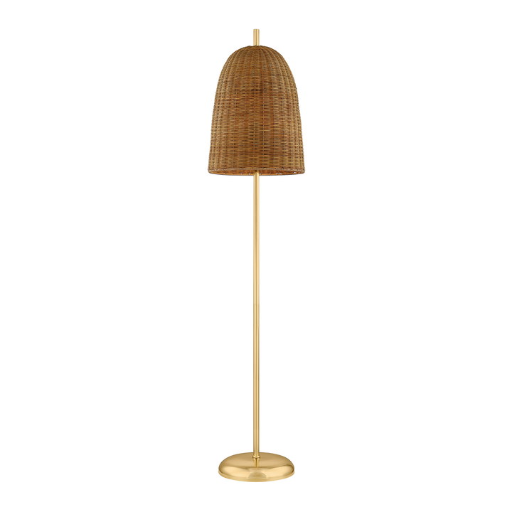 Beatrice floor lamp with a slim, beige wicker shade and a luxurious aged brass base, positioned against a plain background.