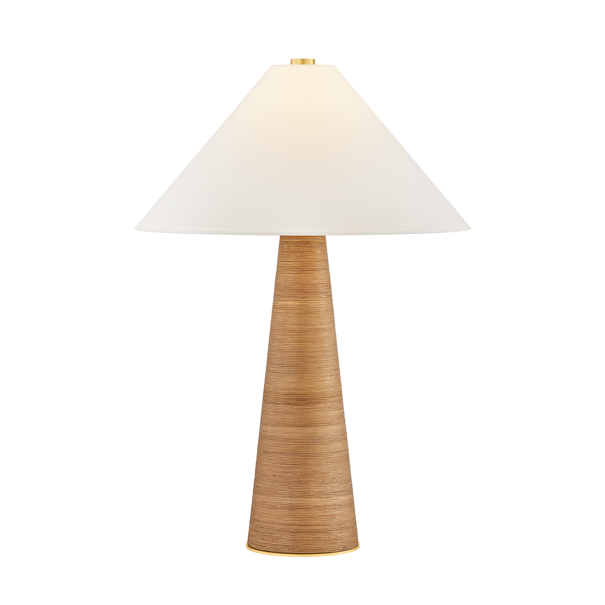 Table lamp with a beige woven base and white shade on a white background