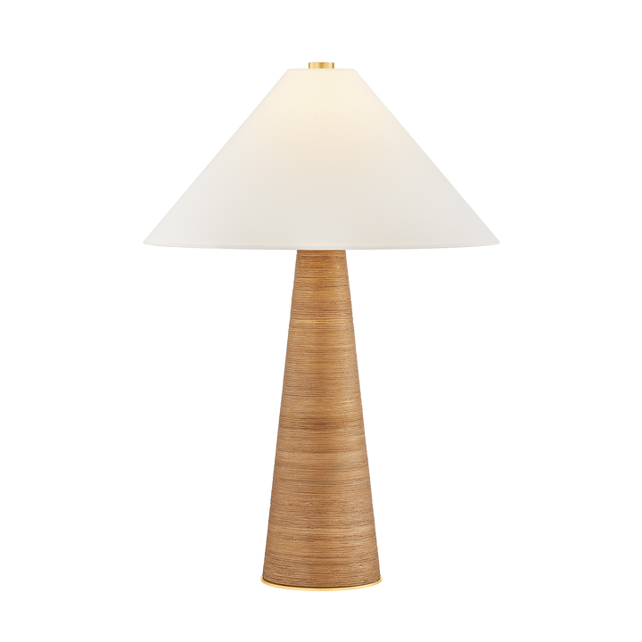 Table lamp with a beige woven base and white shade on a white background