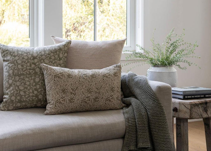 Decorative pillows on a sofa with a plant and books in the background