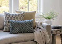 Living room with a beige sofa, patterned pillows, and a plant.