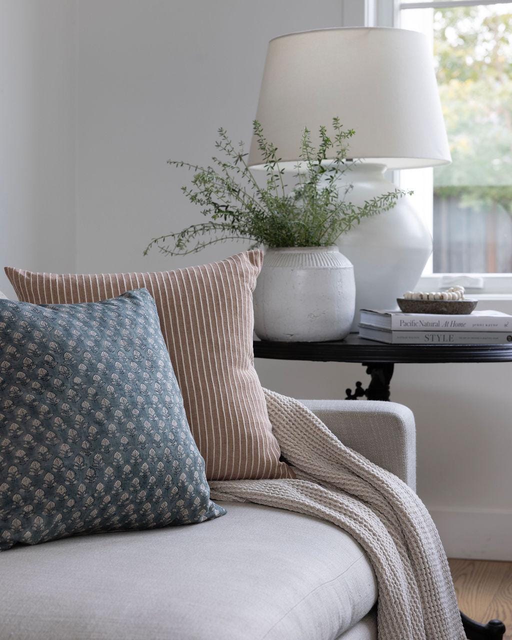 Cozy living room scene with a sofa, cushions, a lamp, and a plant.