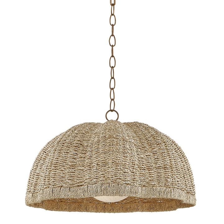 Textured pendant light with chain on a white background