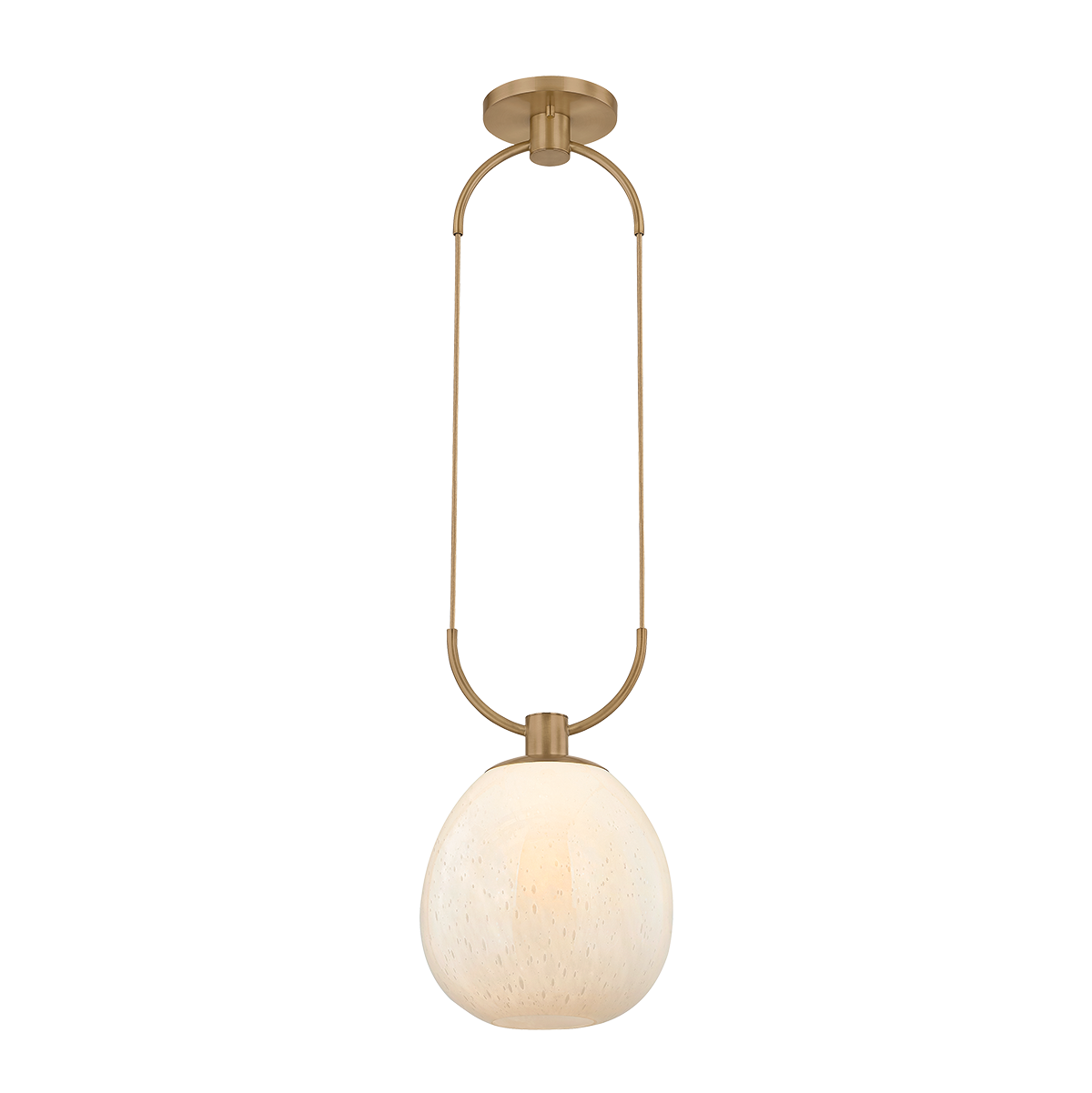 Pendant light with gold fixture and white glass shade on a white background