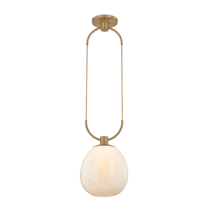 Pendant light with gold fixture and white glass shade on a white background
