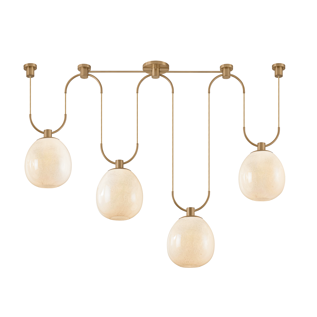 Modern chandelier with four round glass shades and brass fixtures on a white background