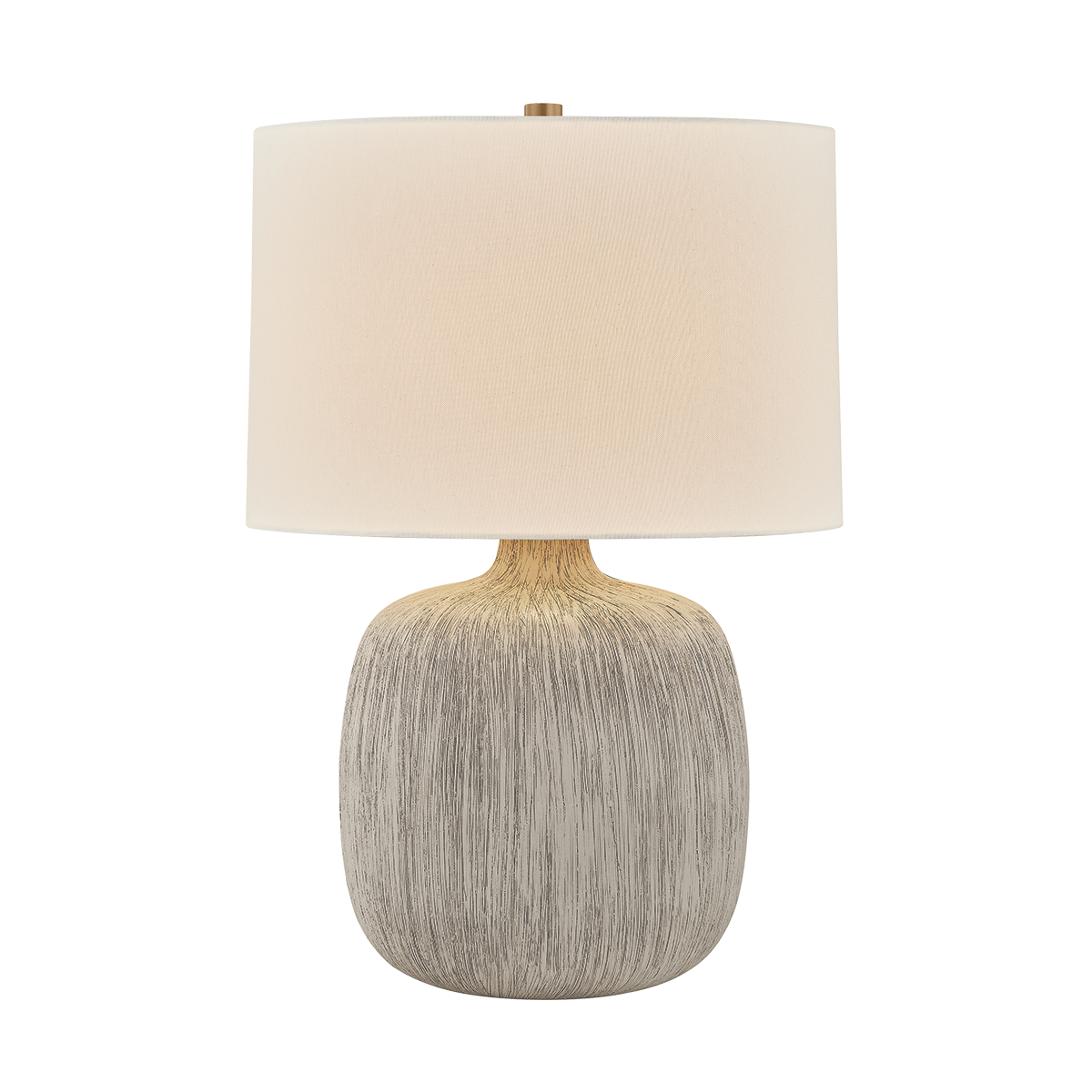 Table lamp with a textured gray base and beige fabric shade on a white background