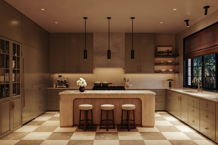 Modern kitchen with island, stools, and various appliances.