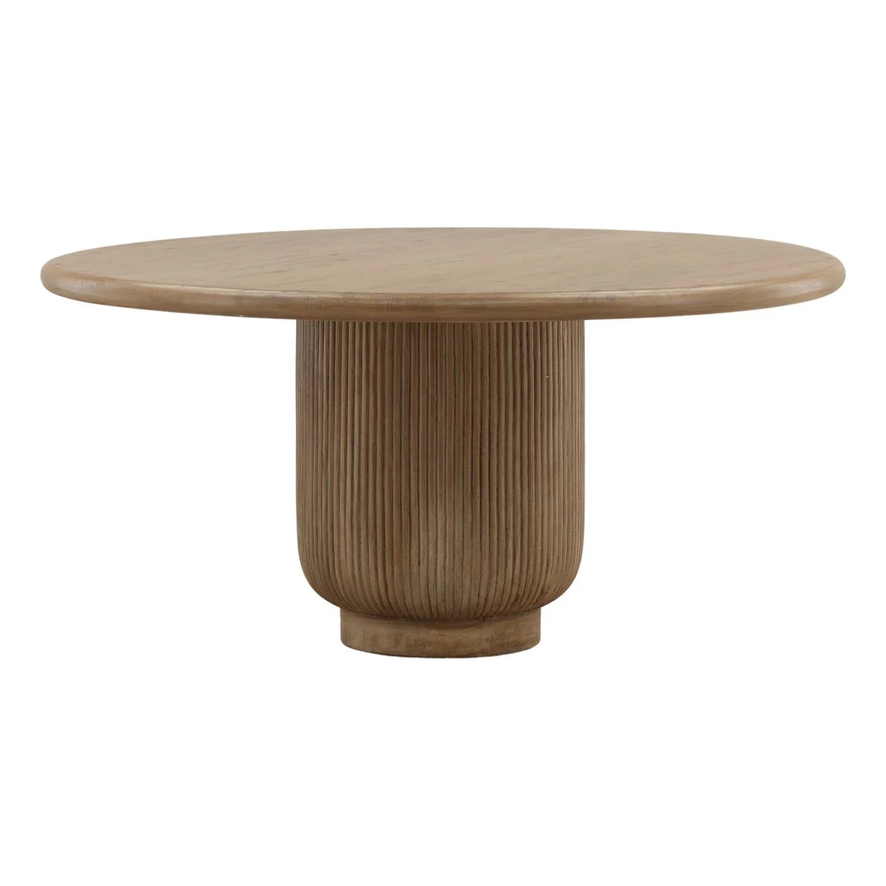Round wood dining table with ribbed fluted pedestal base and smooth circular top, Scandinavian style isolated on white background