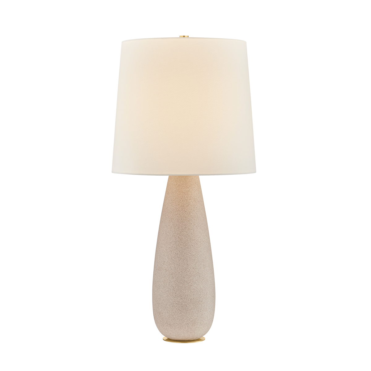 Table lamp with a beige ceramic base and white shade on a white background