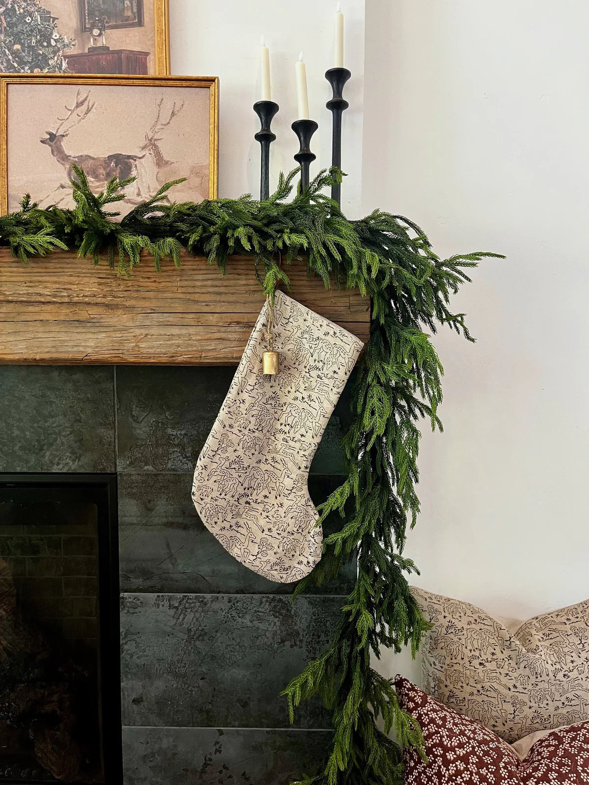 Christmas Stocking Reindeer Linen Print