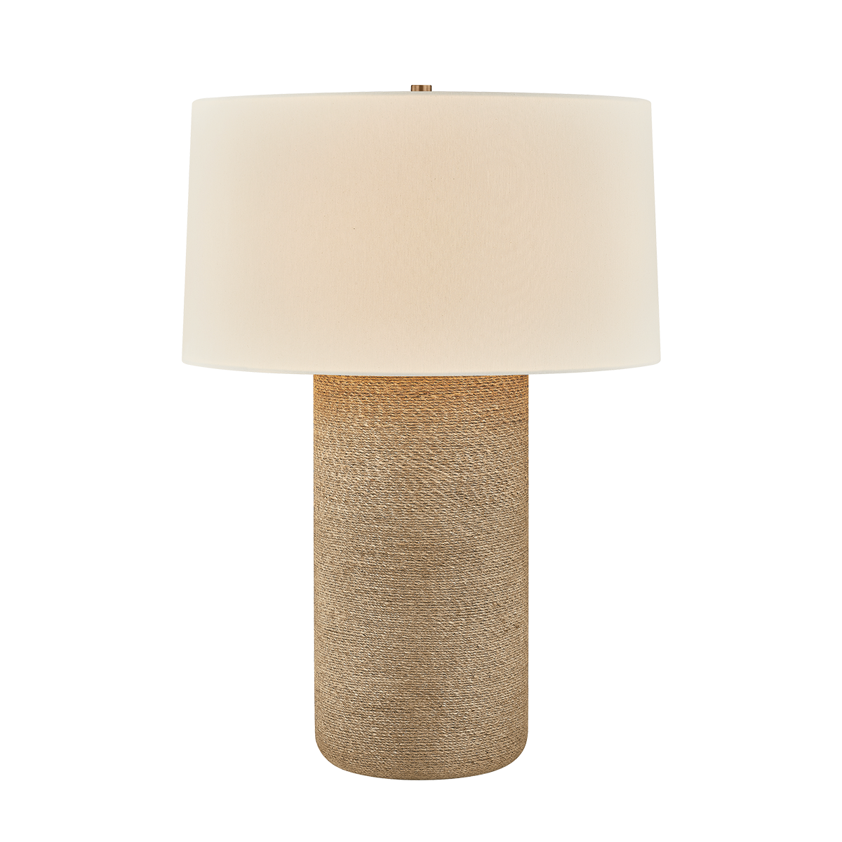 Table lamp with a beige fabric shade and textured brown base on a white background