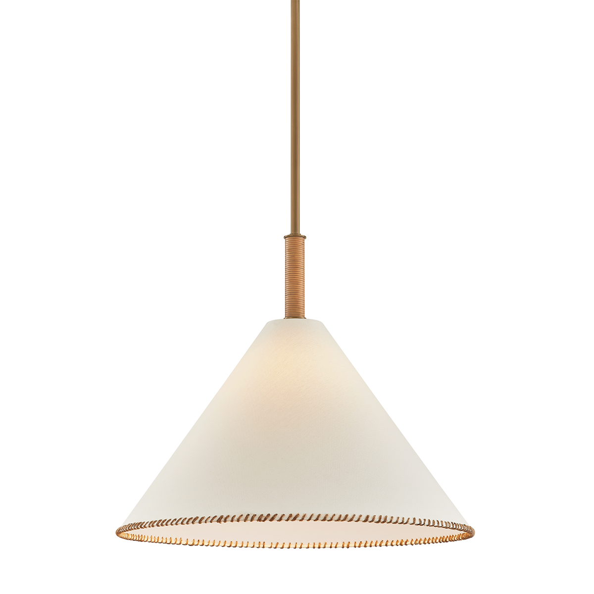 Conical pendant light with white shade and gold trim on a white background