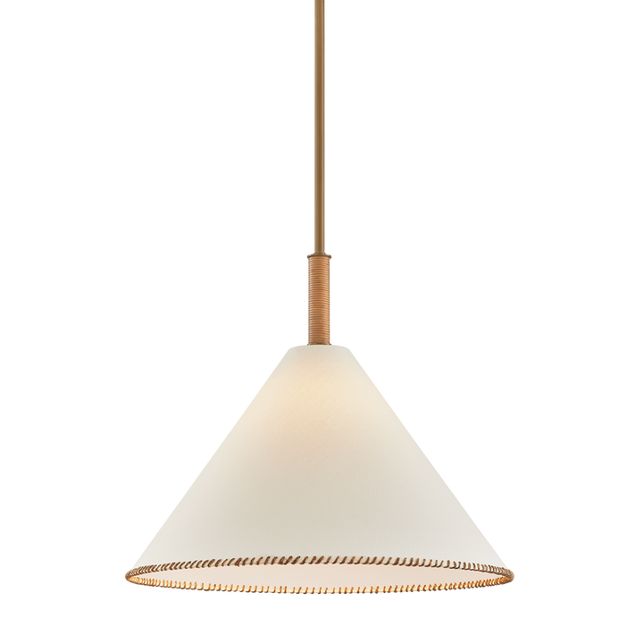 Conical pendant light with white shade and gold trim on a white background