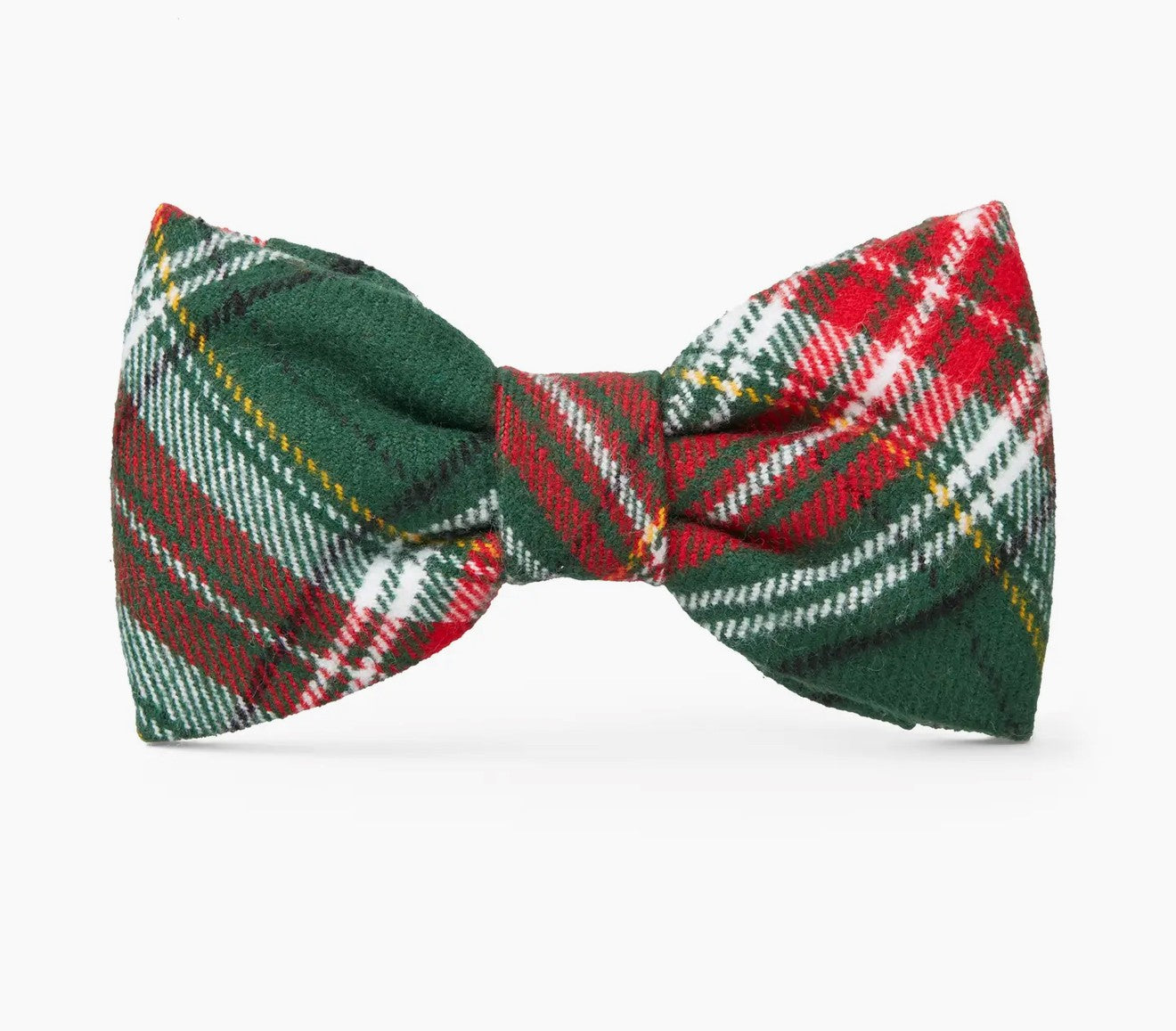 Plaid bow tie with green, red, and white pattern on a white background